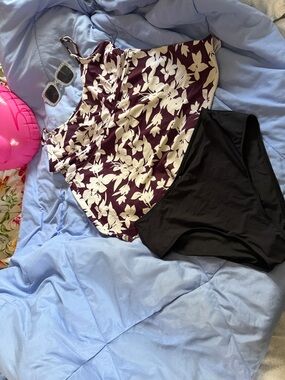Kona Sol Purple and White Floral Tankini with Black Bottoms